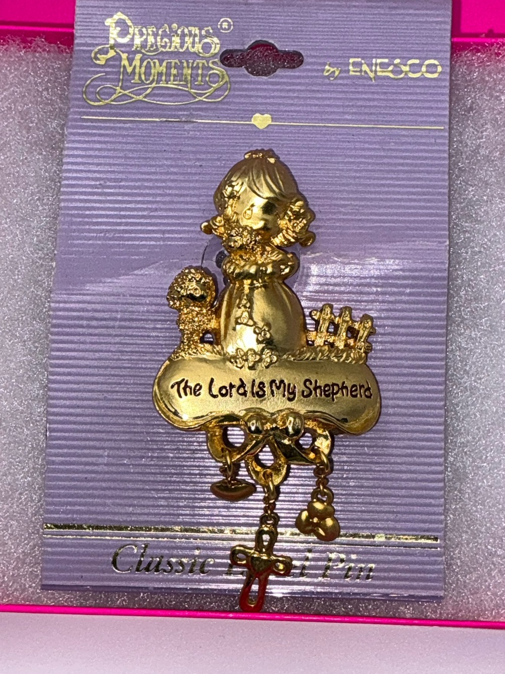 Precious Moments Gold-Tone Brooch with Cross and Heart Charms 1.5" x 3"
